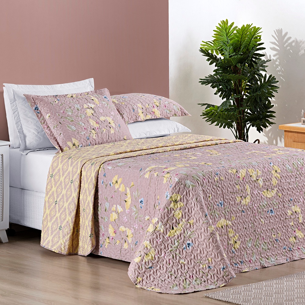 Kit Cobre Leito Colcha Casal Queen 3 Peças Bouti Estampado Dupla Face Matelado