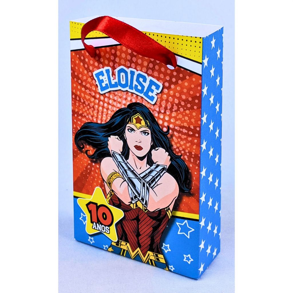 Kit 10 a 50 Sacolinhas Mulher Maravilha Quadrinhos Personalizada Papel Offset 180g Com Alça