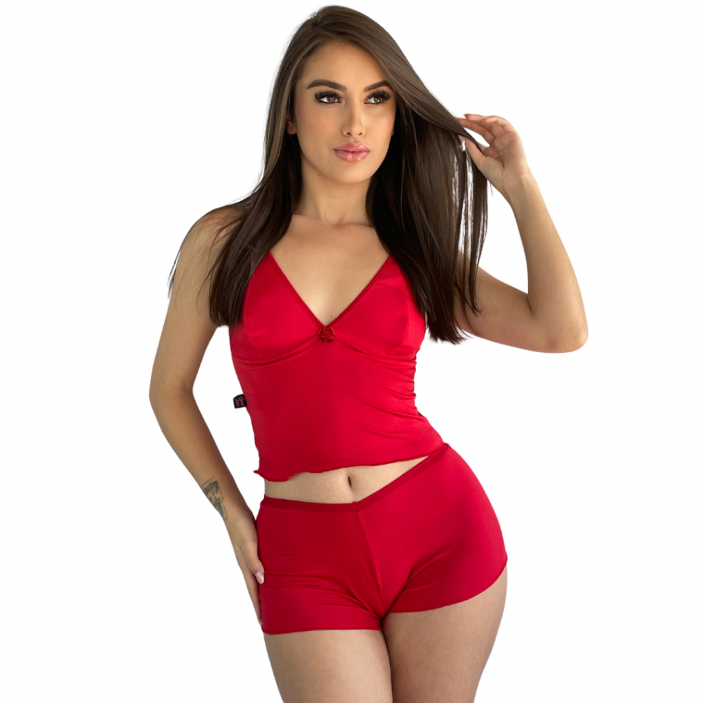 Baby Doll Microfibra Top Duplo Pijama Noite Conjunto Cropped