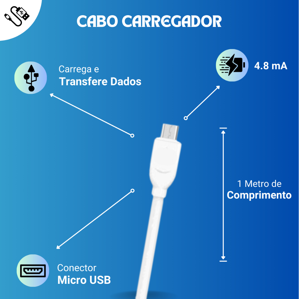Cabo Carregador para Motorola E6 - Cabo Micro USB V8 - detalhe