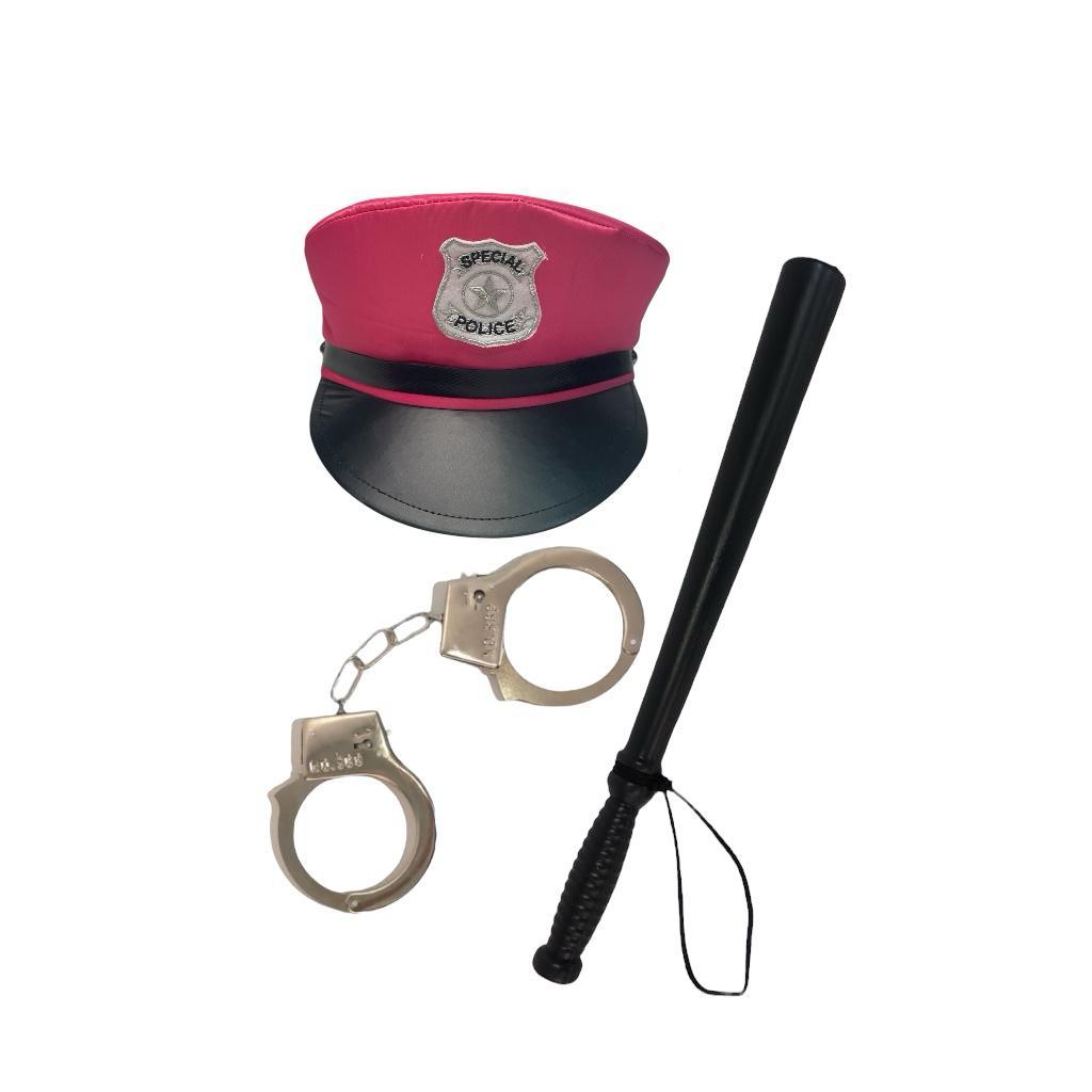 Fantasia Policial Feminina /Carnaval : Kit  - Quepe Police Rosa , cassetete e algema