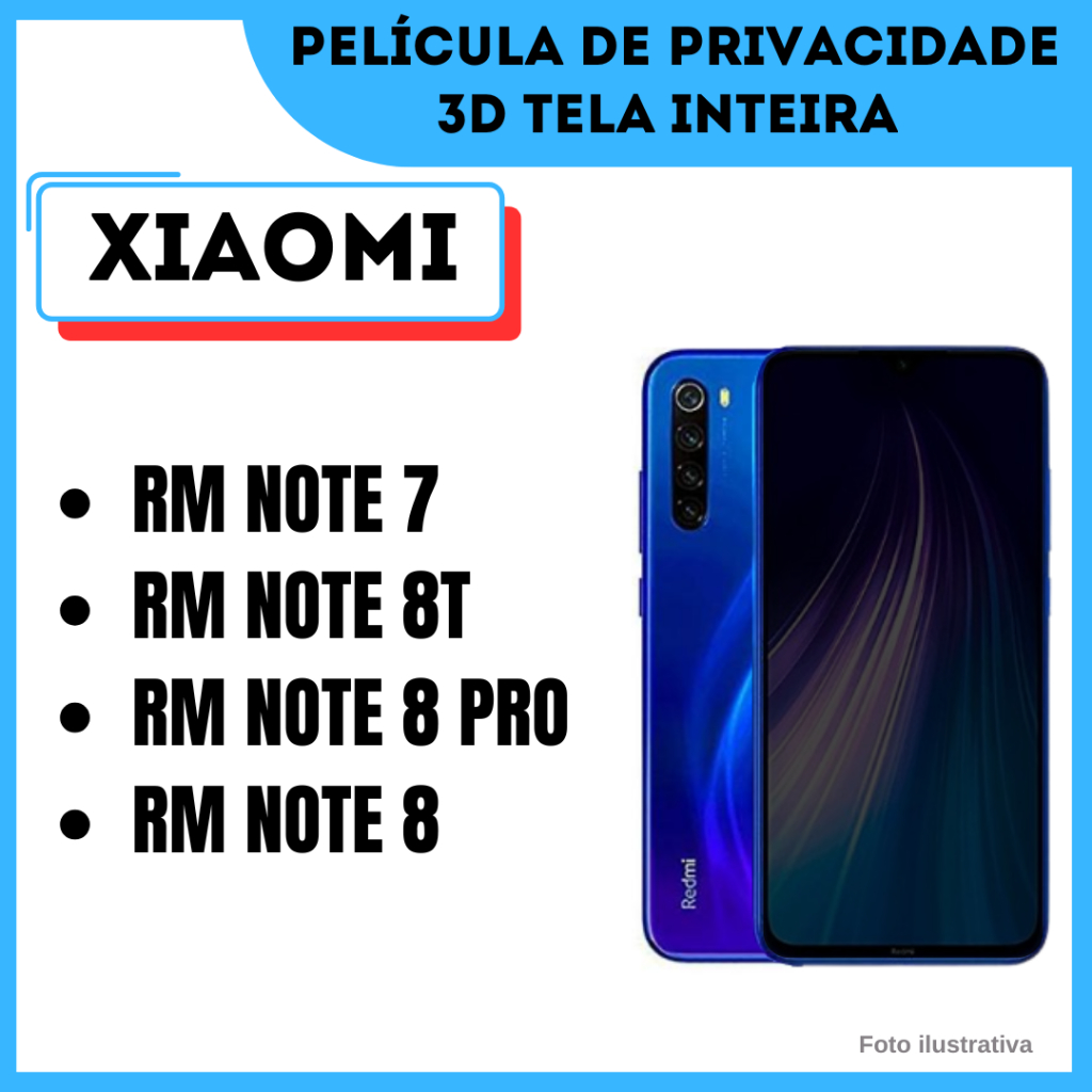 Película de Vidro de Privacidade para Xiaomi Redmi Note 7 / Redmi Note 8 / Redmi Note 8T / Redmi Note 8 Pro / Película 3
