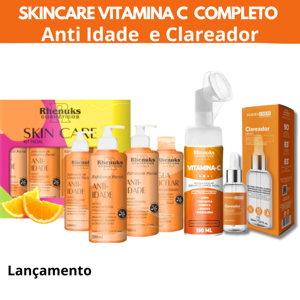 Skincare Vitamina C Anti Idade Clareador Rhenuks +Mousse Micelar Vitamina C Rhenuks+Sérum Clareador Dermachem