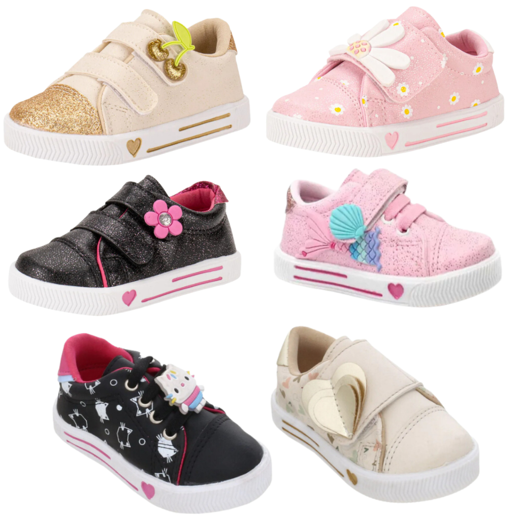 Tenis Infantil Menina Sereia Brigadeiro com Glitter Linda Ju com Velcro  Rosa Escolar Volta as Aulas