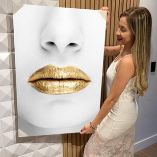 Quadro Decorativo Grande Boca Mulher Feminina Dourado Golden Lábios em Oferta na Shopee
