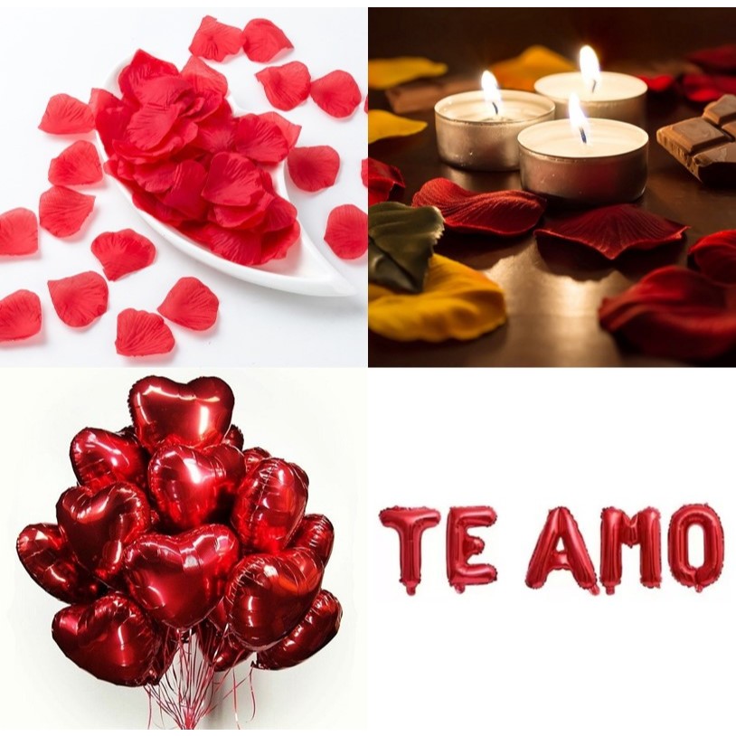 100 Pétalas Artificiais + 3 Velas Rechaud + 3 Balão Coração + Balão Te Amo em Oferta na Shopee