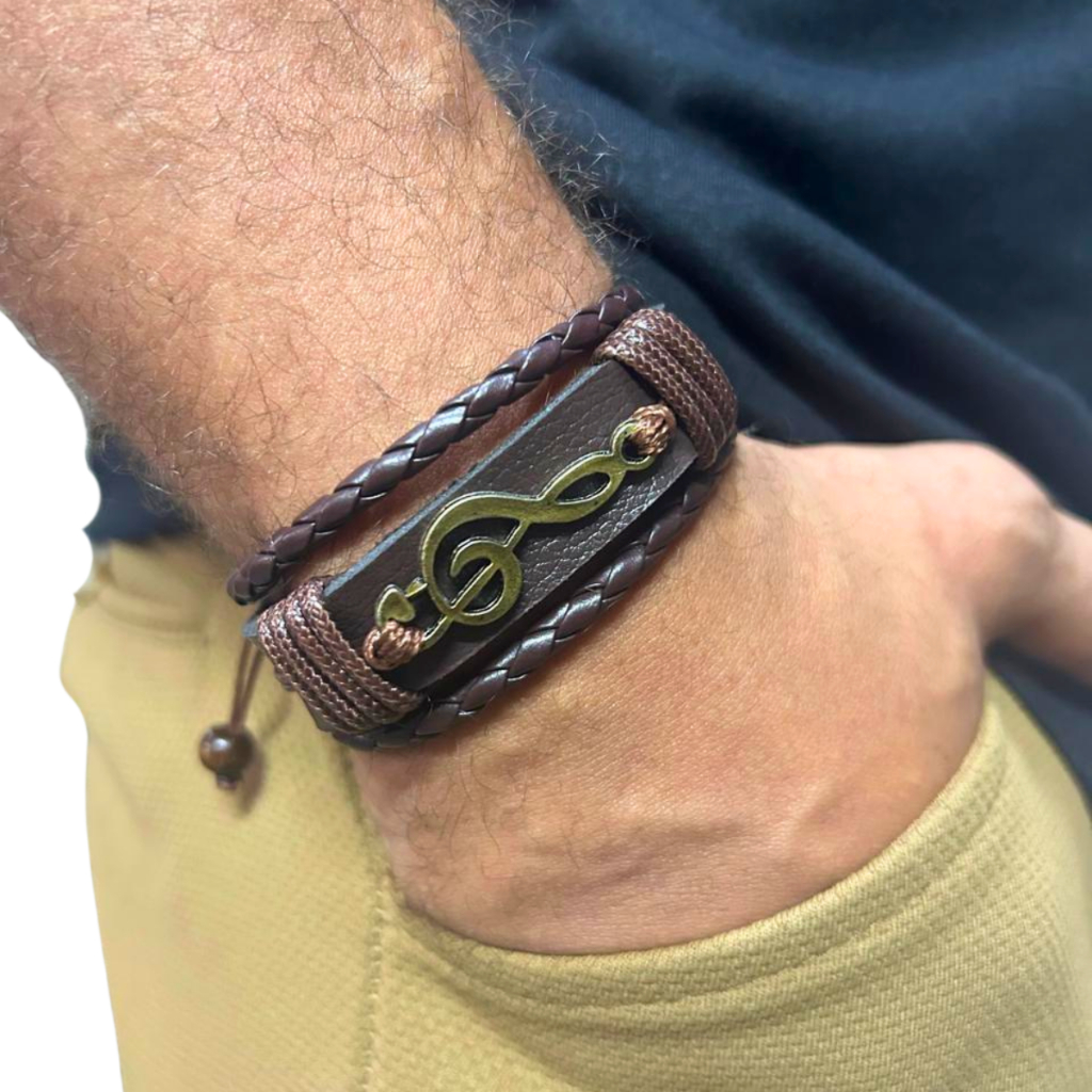 Pulseira Masculina Couro Clave De Sol Música Regulável
