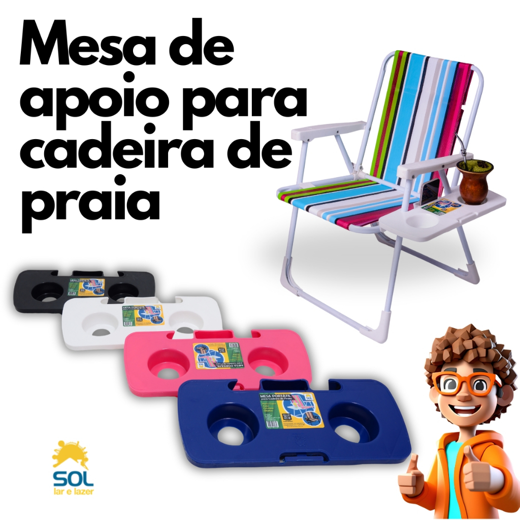 Mesa Portátil Apoio para Cadeira de Alumínio de Praia com Porta Objetos Copo Celular Cuia