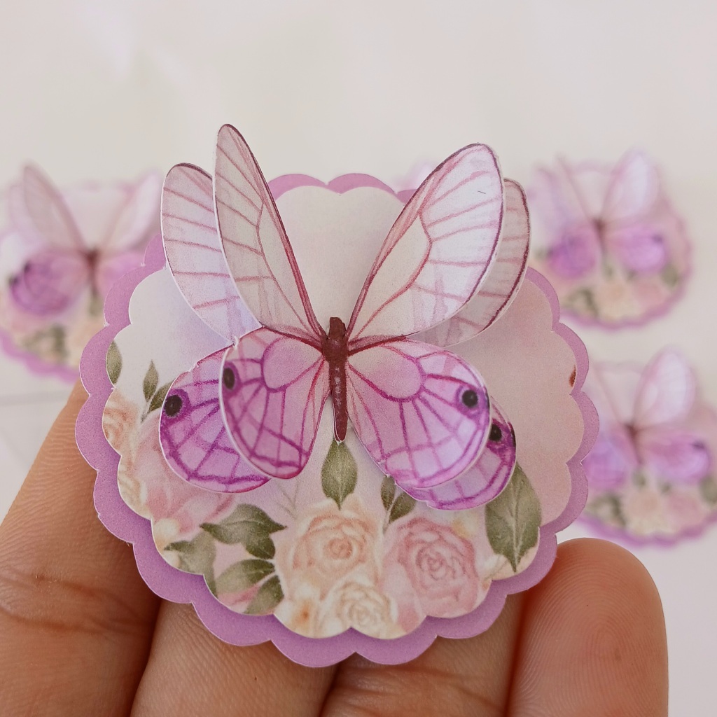 Kit Aplique 3D,10, 20, 30 ou 40 und Tag Personalizada Jardim das Borboletas Lilás Festa Lembrancinha