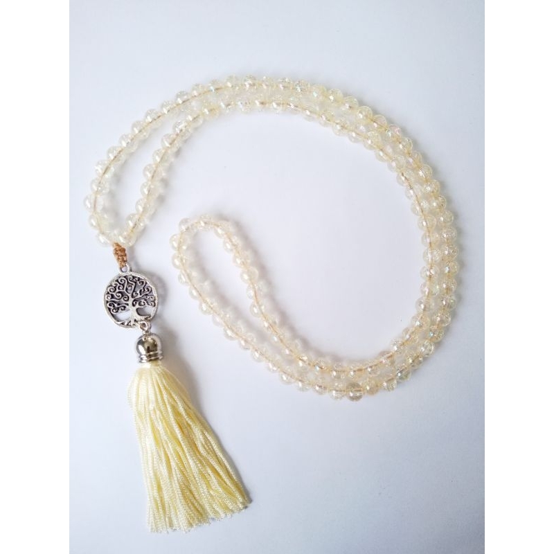 Imagem Japamala 108 Contas Acrílica Irisada Creme Claro ( tipo champanhe ) com Pingente Árvore da Vida Rosário Budista Ref:365