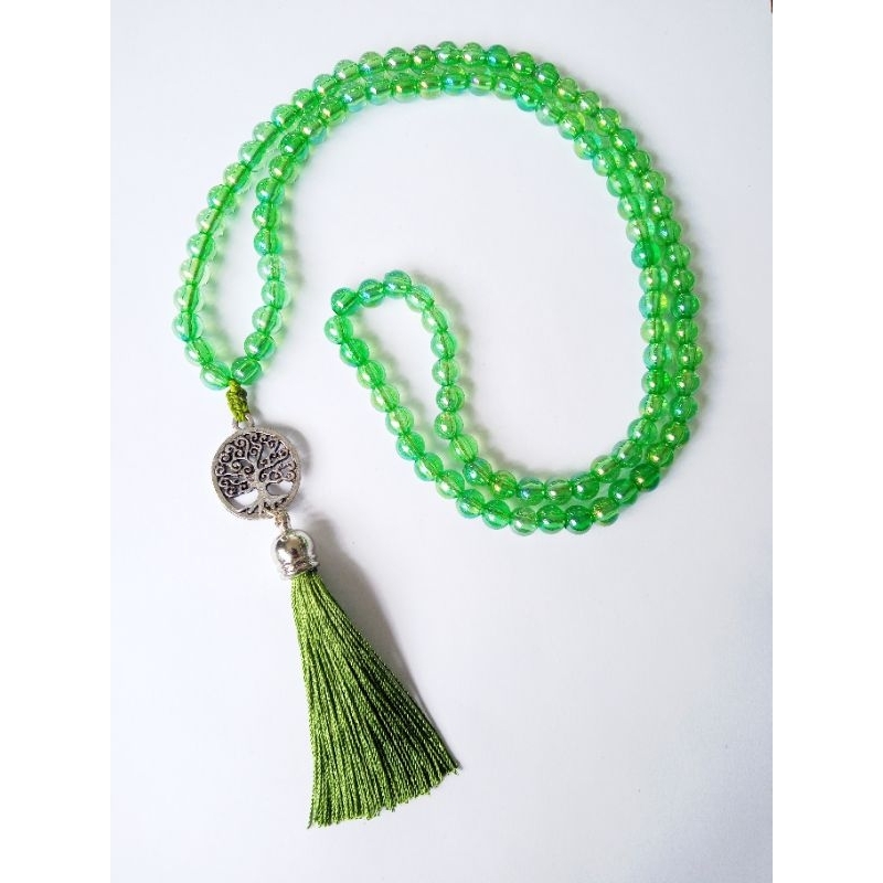 Imagem Japamala 108 Contas Acrílico Nebulosa Verde com Pingente Árvore da Vida Rosário Budista Meditação Ref:364