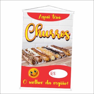 Banner Venda de Churros produzido em lona. Cartaz Propaganda para Barracas, Carrinhos de Churros.