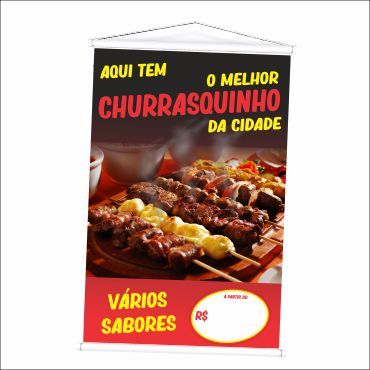 Banner Venda de Churrasquinho Espetinho produzido em lona. Cartaz Propaganda Vende-se para Barracas, Carrinhos .