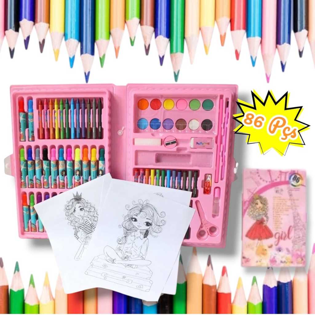 Maleta Estojo De Pintura Infantil Estojo 86 Peças Para Colorir Voltas Aulas Canetinhas Lápis Tinta Promoção