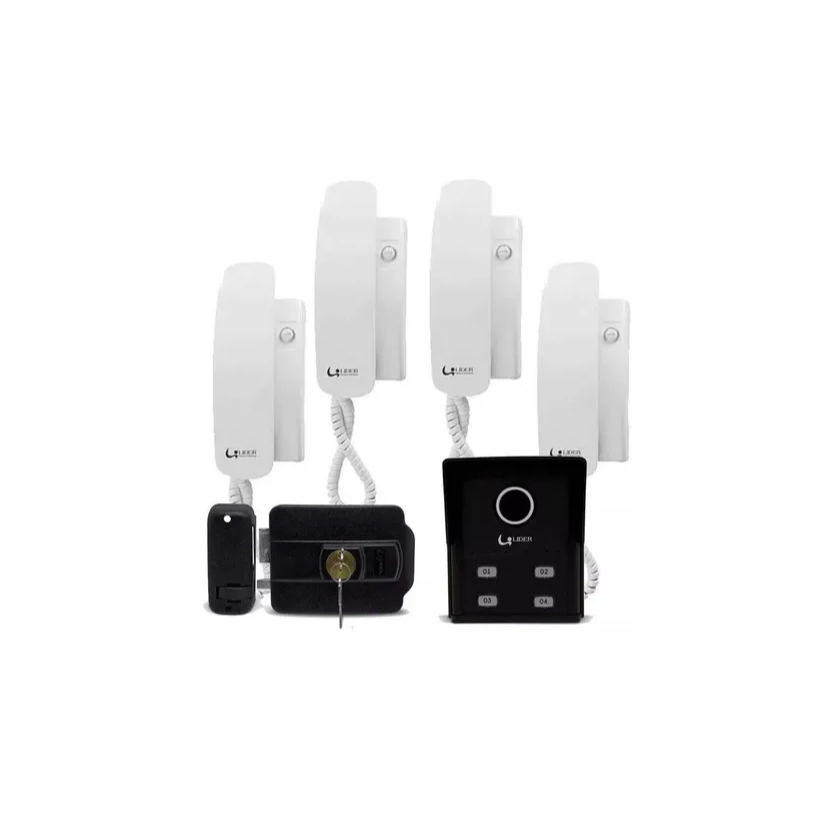 Kit Porteiro Coletivo Interfone 4 Ponto + Fechadura Elétrica + 4 Monofones LR804 Lider