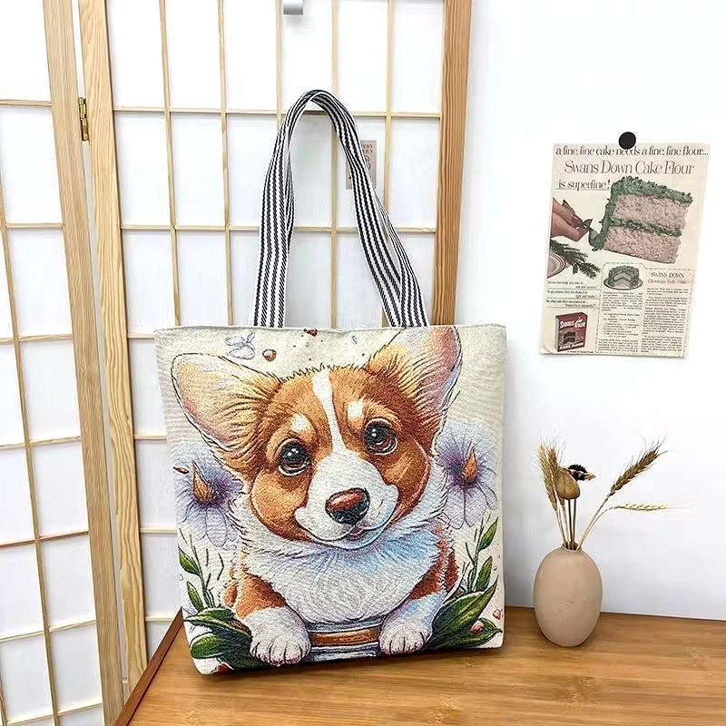 Bolsa Tote de lona  Com bolsinha  , Bolsa De Pano bordado Cachorro e Gato Animal  Grande Capacidade Bolsa de Praia