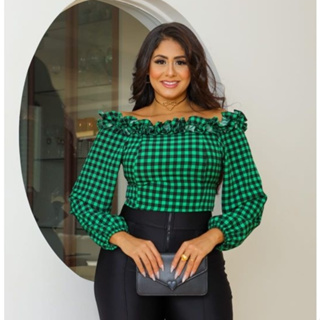 Blusa Xadrez Cropped Babado Manga Longa Veste 38/40 Lançamento Fashion Inverno  2025 em Oferta na Shopee