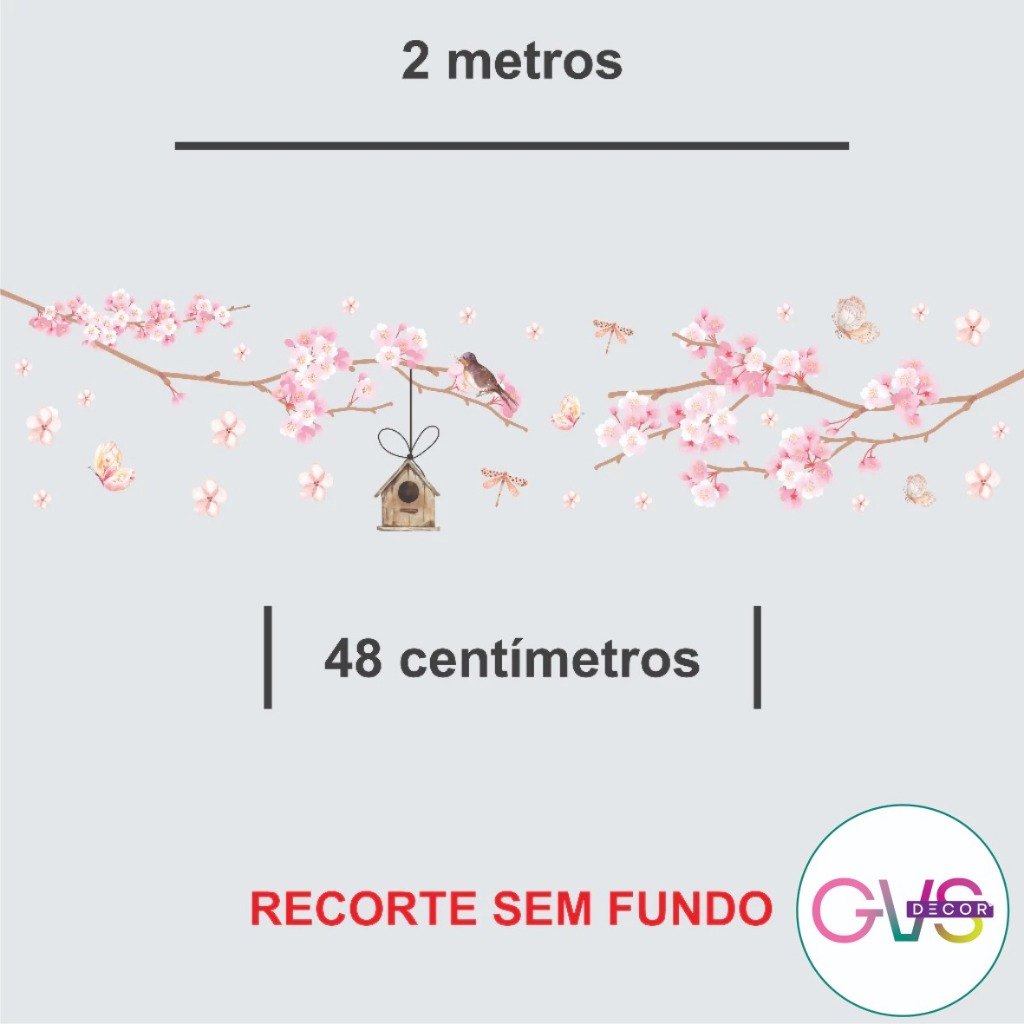 Adesivo de Parede em Recorte sem fundo flores rosas e passarinho 200x48cm - GVS DECOR em Oferta na Shopee