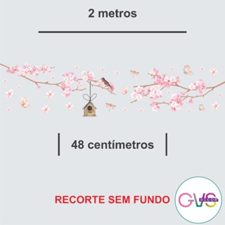 Adesivo de Parede em Recorte sem fundo flores rosas e passarinho 200x48cm - GVS DECOR em Oferta na Shopee