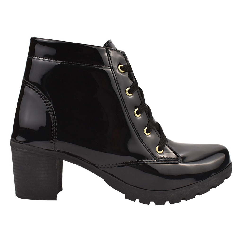 Bota Feminina Coturno Salto Grosso Médio Tratorado Cano Curto Preto Verniz Blogueira Moda Tendência