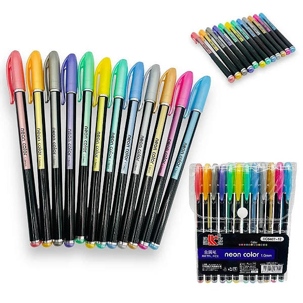 Kit 12 Caneta Gel Glitter Neon Varias Cores Canetinha Escola
