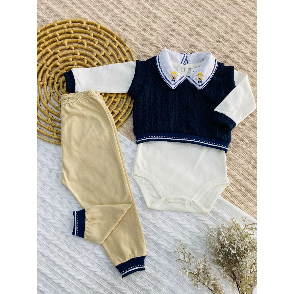 Conjunto Pagão Casaco Bebê 3 peças - Colete , Body e Calça Menino Mundo Colorido | Tam. RN 0-2 meses em Oferta na Shopee