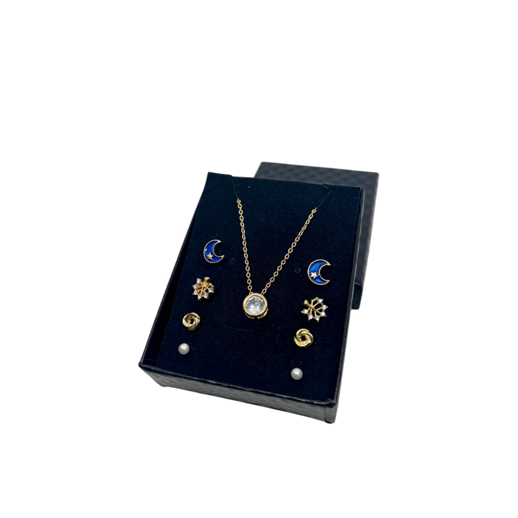 Conjunto Brinco e Corrente Feminina Folheado Ponto de Luz + Caixa de Joias