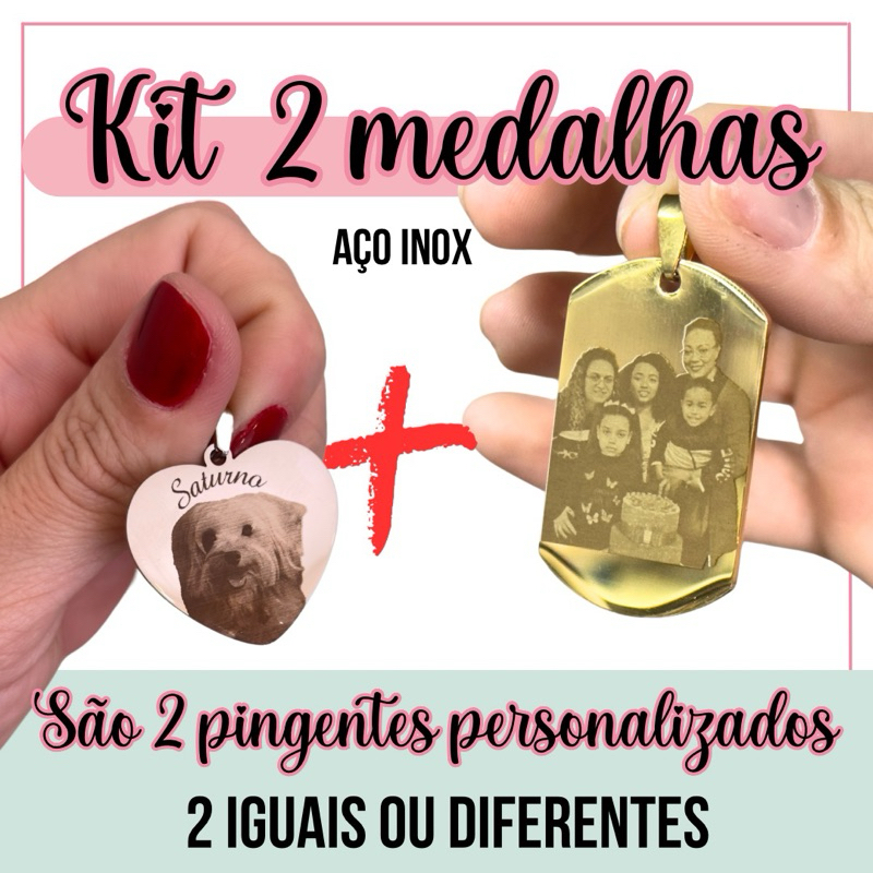 Kit com 2 medalhas de aço inox personalizadas,medalha com foto, medalha gravada, pingente com foto em Oferta na Shopee