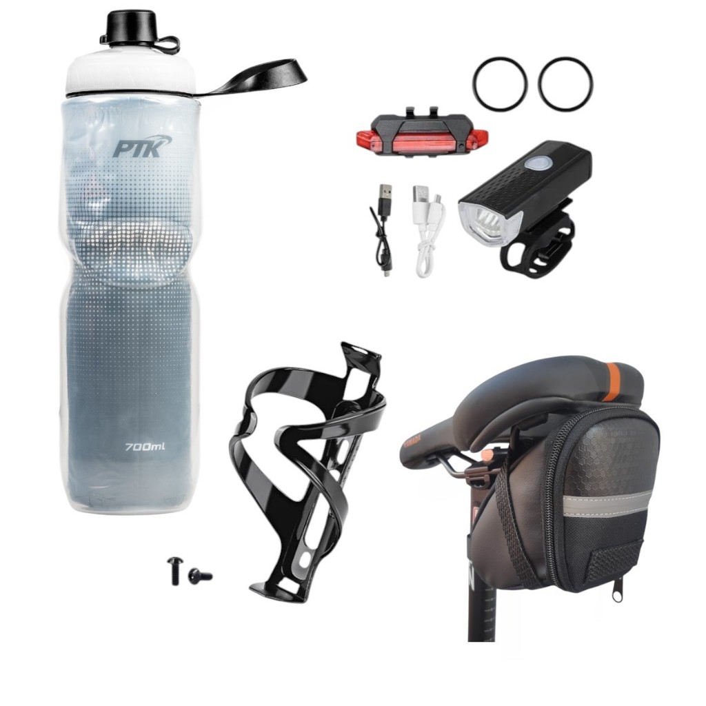 Squeeze Garrafa Caramanhola + suporte com parafosos + kit farol+bolsa de selin em Oferta na Shopee