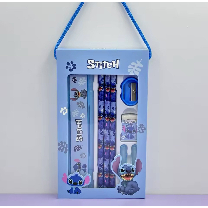 kit stitch conjunto de papelaria lápis borracha régua apontador material escolar das crianças estudo papelaria fofa