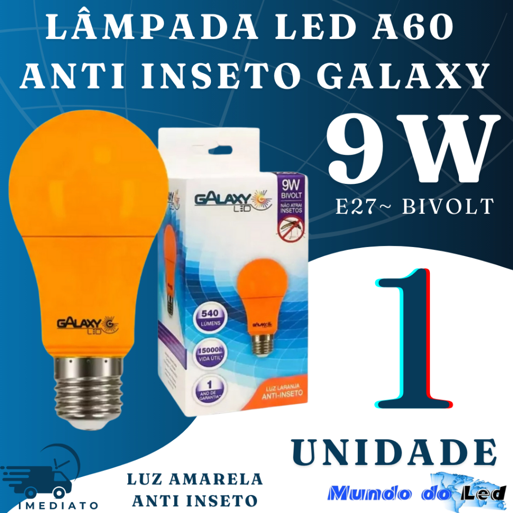 Lâmpada A60 Anti-inseto Luz Laranja E27 Led 9w 1000k Bivolt 110V/220V Galaxy