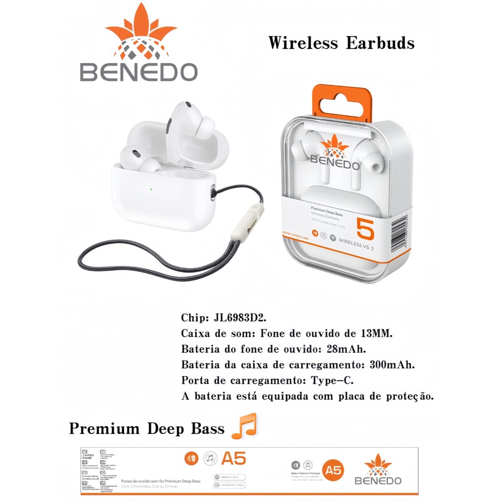 Fone de Ouvido Sem Fio A5 1:1 Airpods PRO 2 Com Cancelamento De Ruído Bluetooth Pop-Up para iOS e Android