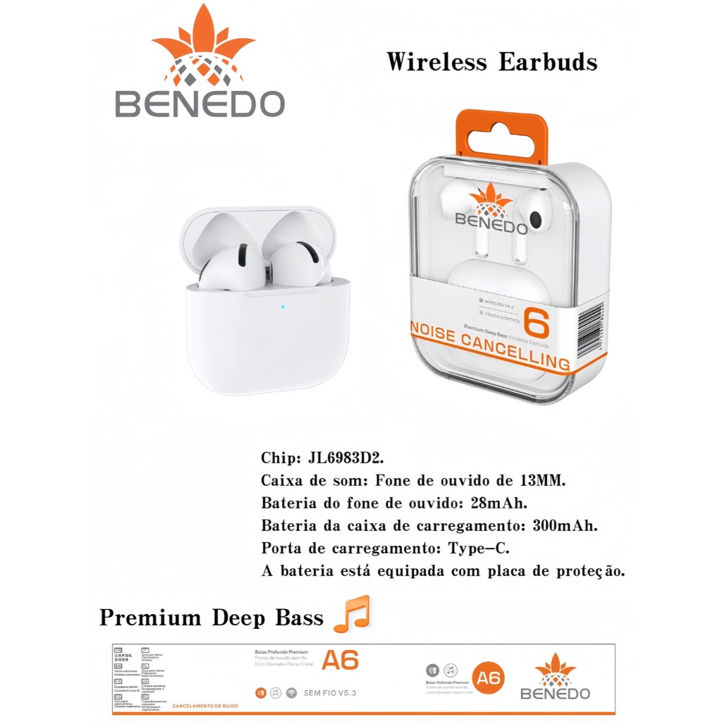 Fone de Ouvido Sem Fio A6 1:1 Airpods PRO 6 Com Cancelamento De Ruído Bluetooth Pop-Up para iOS e Android