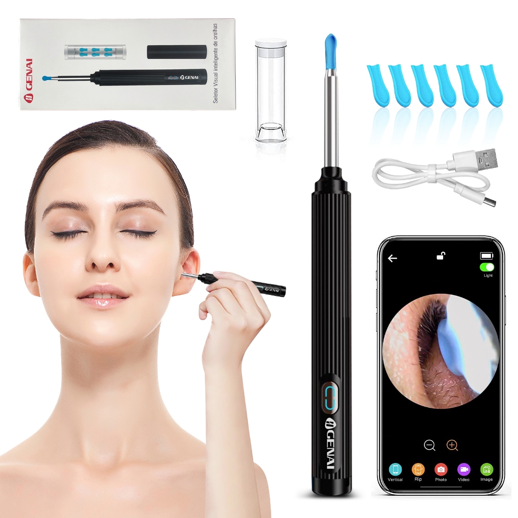 Limpador De Ouvido Visual Inteligente Sem Fio  Otoscópio Ferramenta De Remoção De Cera Com Câmera Endoscópio Kit em Oferta na Shopee