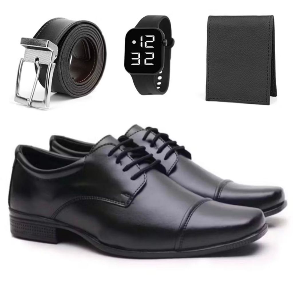 Kit Sapato Social Masculino Elegante Moderno De Couro Leve Macio Confortável Ant-Stress + Cinto Carteira e Relogio em Oferta na Shopee
