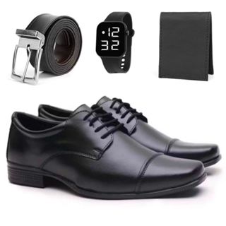Kit Sapato Social Masculino Elegante Moderno De Couro Leve Macio Confortável Ant-Stress + Cinto Carteira e Relogio em Oferta na Shopee