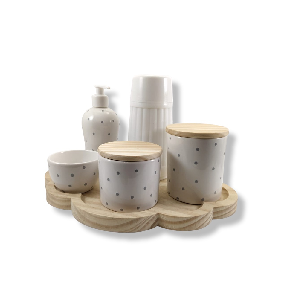Kit Higiene Bebê Porcelana Com Bandeja Nuvem Garrafa Térmica Molhadeira Saboneteira 2 Potes