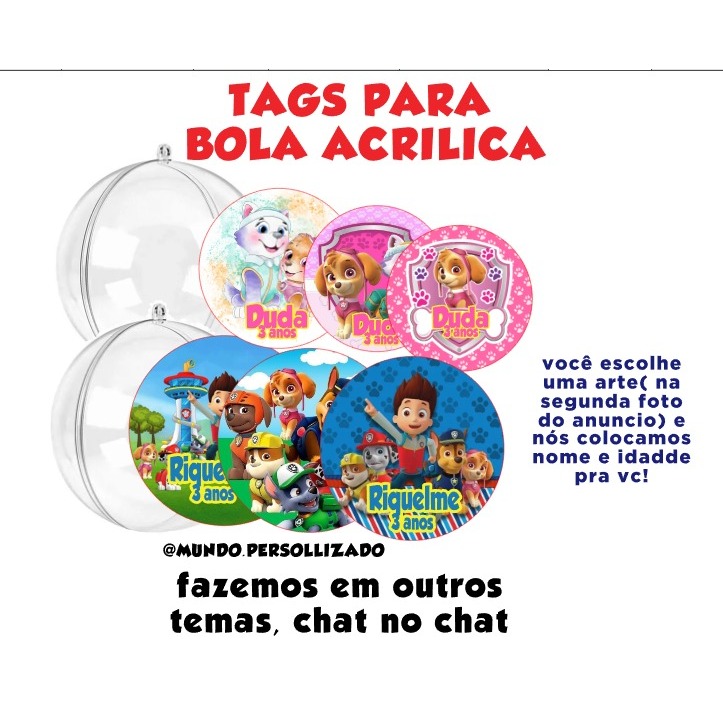 Tags redonda para esfera de acrílico esfera patrulha canina skye personalizado todos os temas para bola acrílica