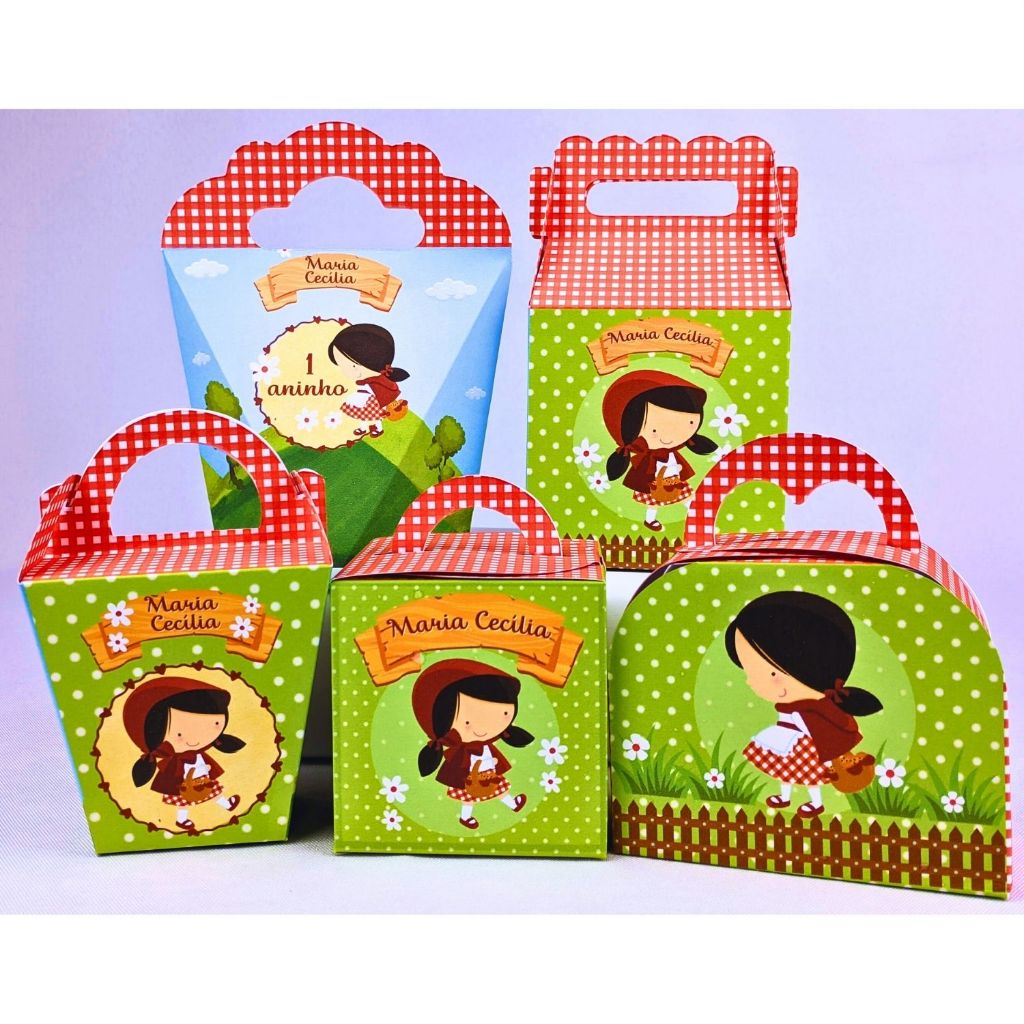 Kit 20 a 50 Caixinhas Chapeuzinho Vermelho Coração Cubo Maleta Maleta Coração Sushi Com Alça Papel Offset 180g