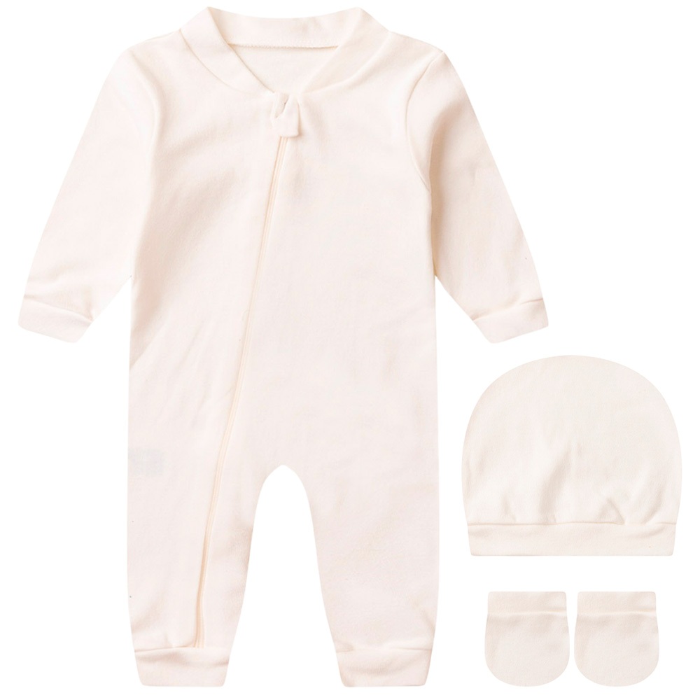 Kit Bebê (3 Peças) Macacão, Touca e Luva Suedine Liso Off White (RN/P) em Oferta na Shopee