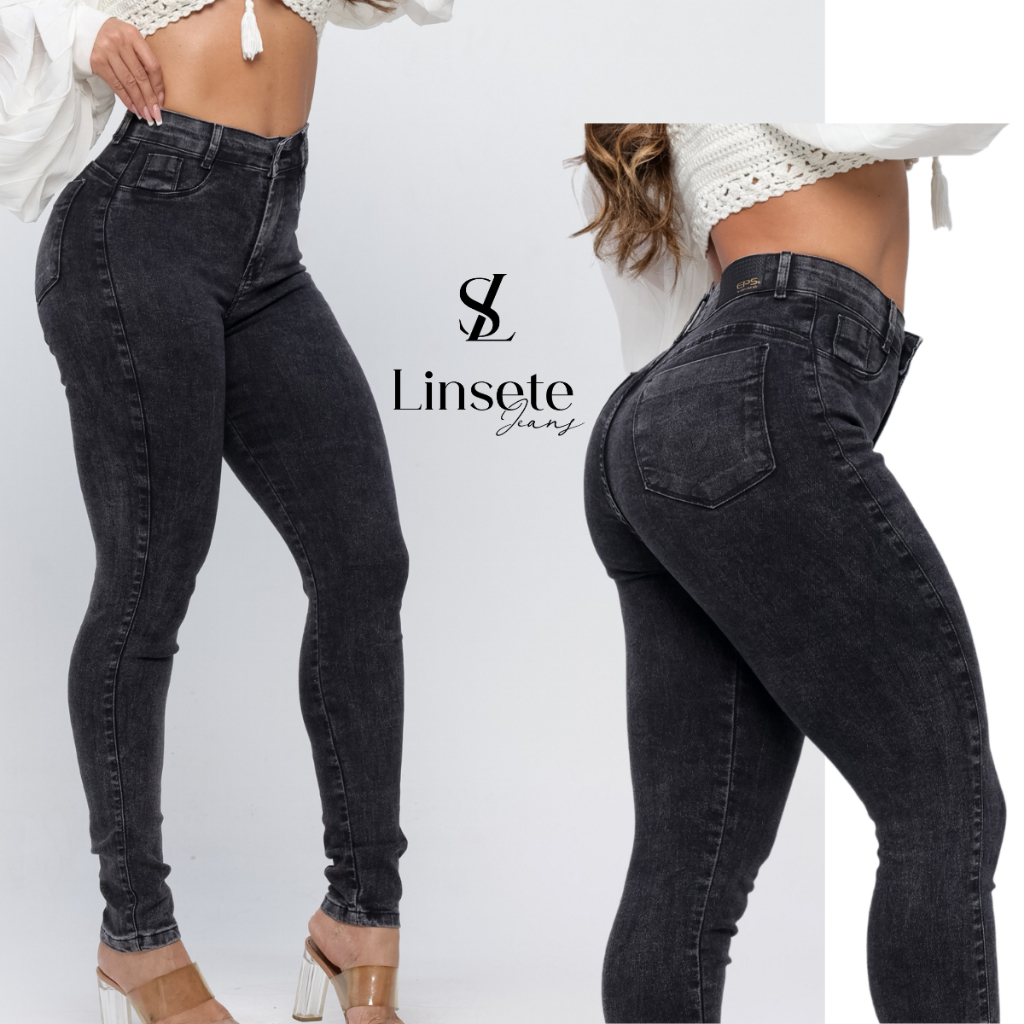 Calça Jeans Feminina  Grafite Skinny Marmorizada Cintura Alta Preta em Oferta na Shopee