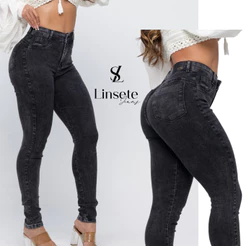 Calça Jeans Feminina Grafite Skinny Marmorizada Cintura Alta Preta