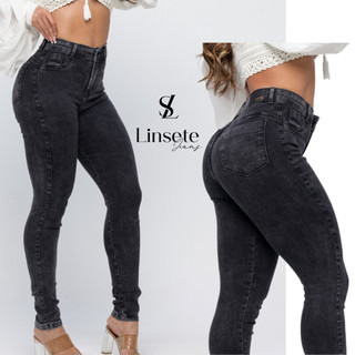 Calça Jeans Feminina  Grafite Skinny Marmorizada Cintura Alta Preta