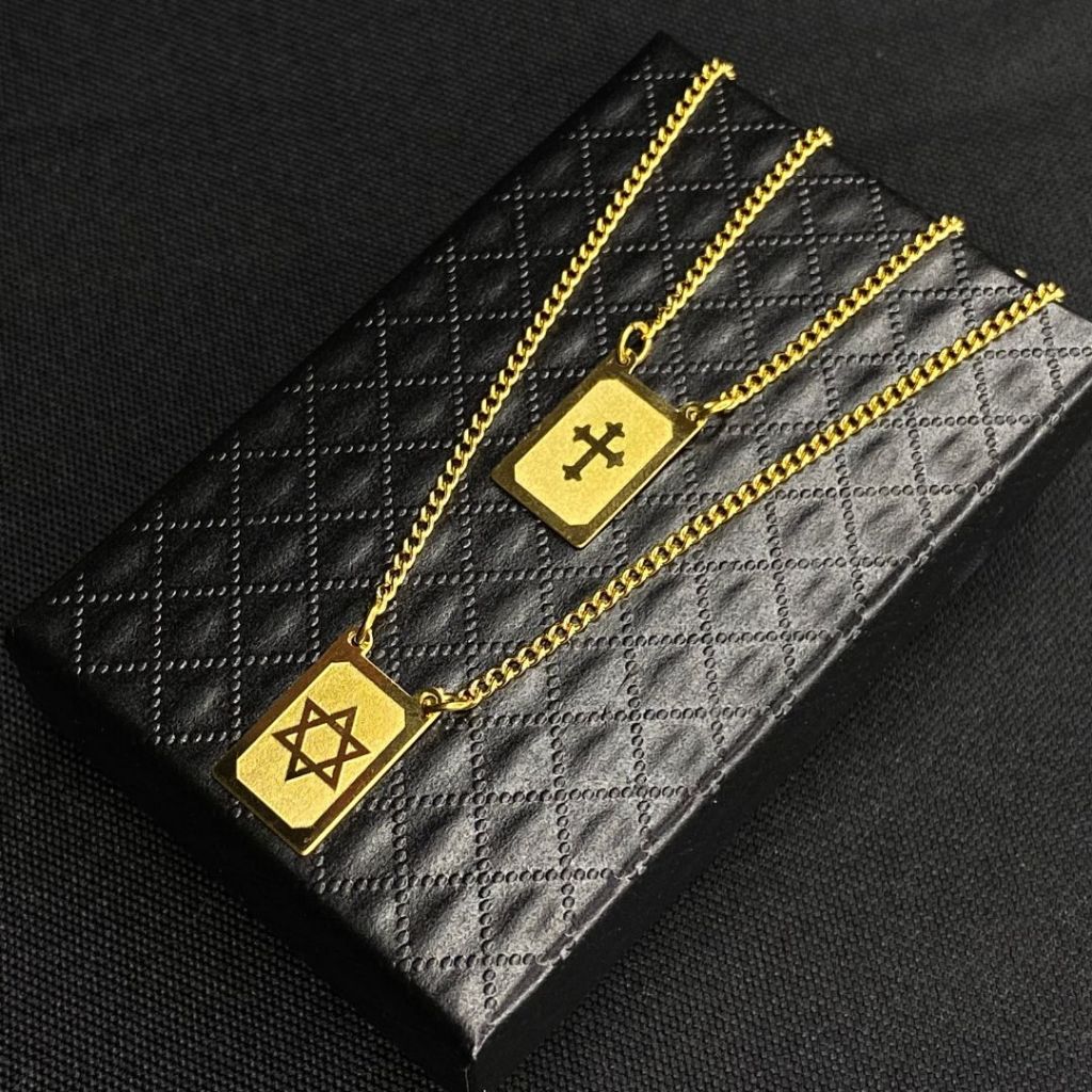 Escapulário Dourado Estrela de Davi e Crucifixo Para Presente Masculino Aço Inox 316 Corrente Cruz