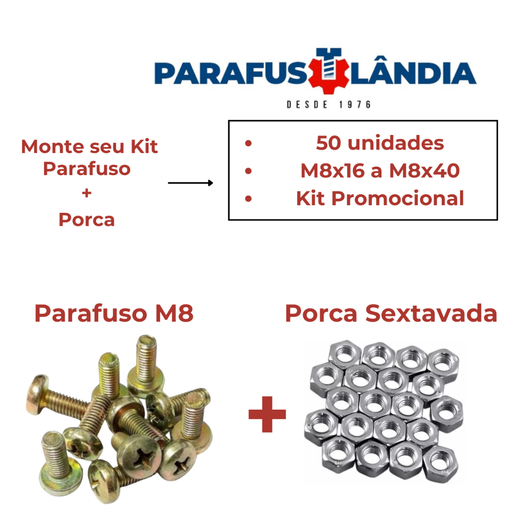 Parafuso com Porca M8 Rosca Maquina Cabeça Philips Diversas medidas