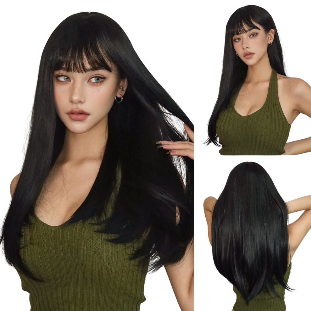 Peruca Lace Wig Longa Lisa com Franja Fibra Premium Similar ao cabelo natural