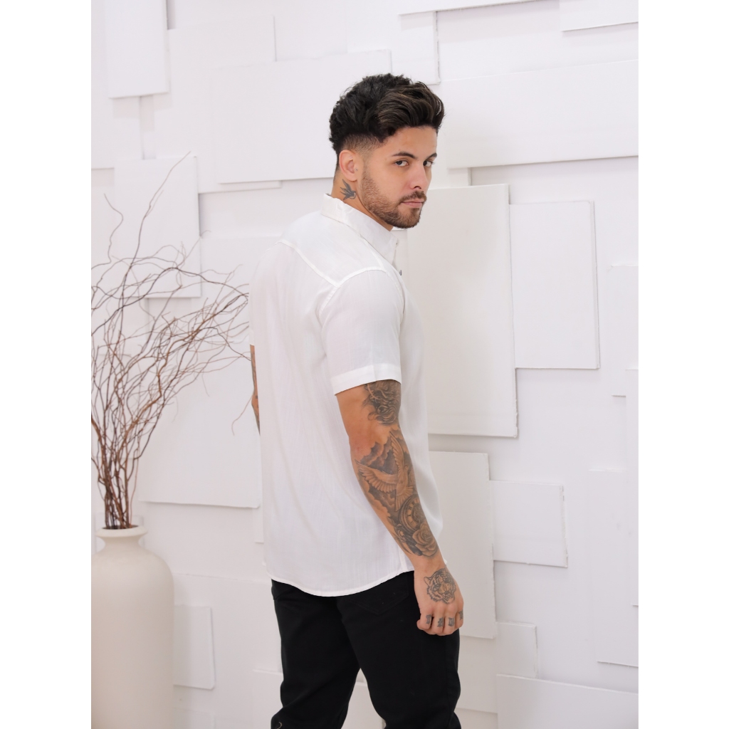 Camisa Linho Masculina Social Formal Com Botão Gola Social Manga Curta Slim Moda Luxo Linha Premium Plus size