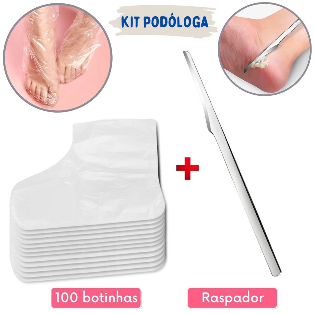 Kit 100 Bota Botinha Plástica Descartável + Espátula Bisturi Spa Pés Raspador Calo Pele Morta
