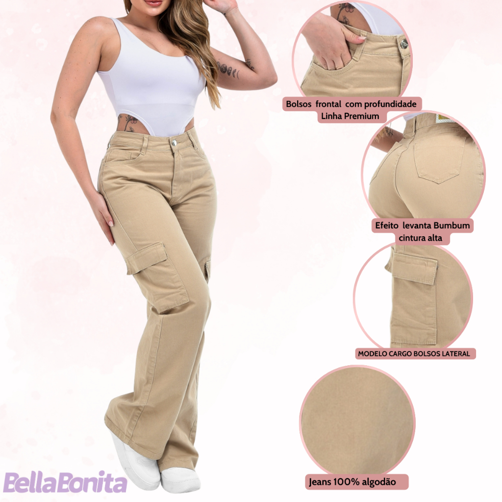 Calça Jeans Wide Leg Cargo Pantalona premium Cintura Alta bolsos lateral  Perfeita