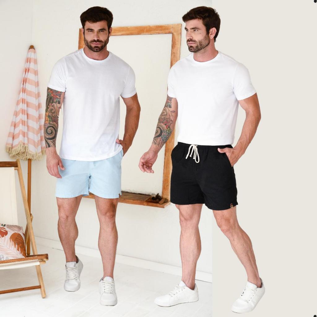 Kit 2 Shorts Linho Masculino Básico Mauricinho Premium Bermuda em sarja moda Praia verão short curto em Oferta na Shopee